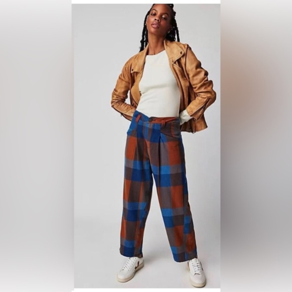 Free People cass brown blue plaid look cotton slouchy midrise trouser pants sz 4